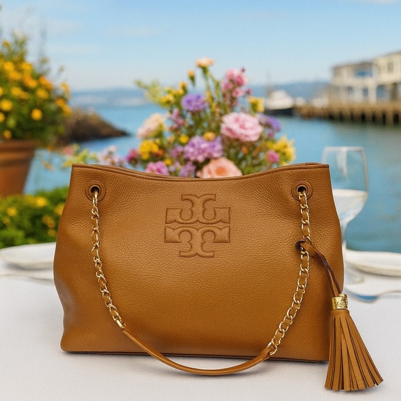 NEW Tory Burch Thea Bark Brown Pebbled Leather Chain Slouchy Tote Bag - Picture 1 of 13